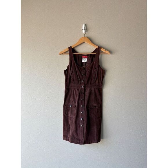 vintage brown suede leather button front dress with pockets - Picture 1 of 7